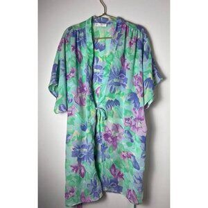 Val Mode Kimono Robe Purple Floral with Belt Short Sleeve Polyester Medium